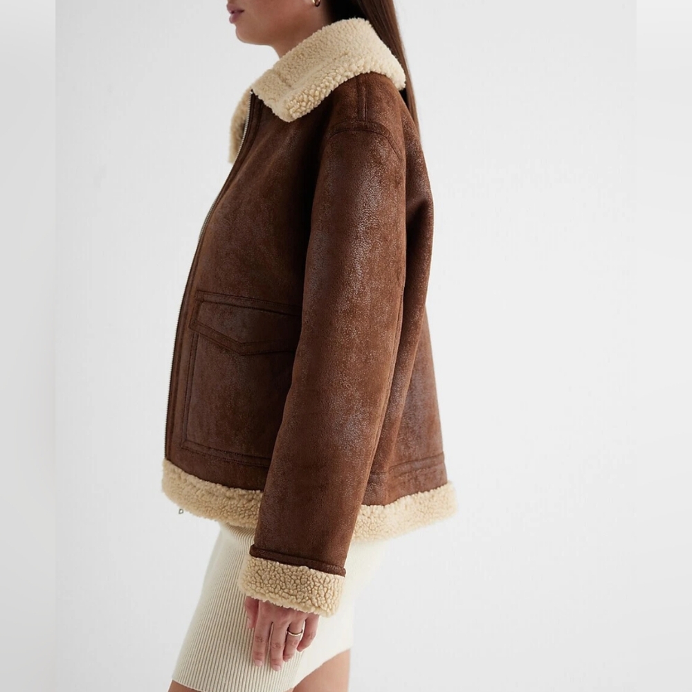 New Without Tags Express Brown and Cream Teddy Jacket with Sherpa Lining XS - Picture 11 of 13